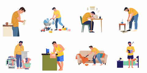 Fototapeta premium Man's Daily Exhaustion and Overwhelm: Balancing Chores, Parenting, Work, and Self-Care in Modern Life