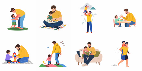 Fototapeta premium Illustrations of fathers and their children engaging in various heartwarming activities, showcasing paternal bonding and happy family moments.