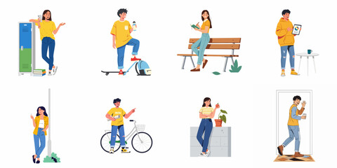 Fototapeta premium Diverse young people engaged in everyday activities: studying, social interaction, active lifestyles, and technology use in modern urban and academic settings.