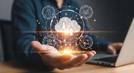 Fototapeta premium Futuristic Cloud Computing Concept with Digital Data Storage and Network Security Interface Glowing Over Hand