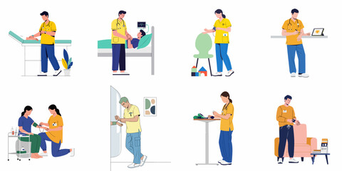 Fototapeta premium Healthcare professionals conducting various medical examinations, patient care, and health monitoring, showcasing diverse medical services in flat illustration.