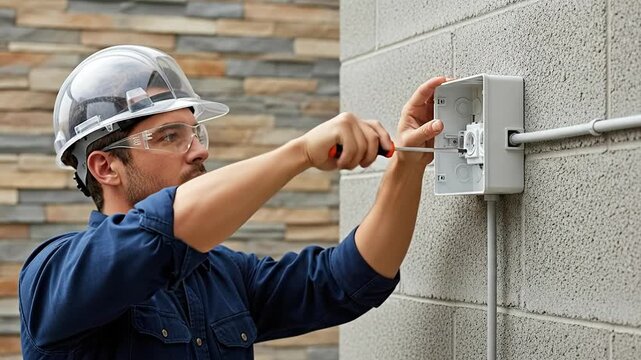 The Electrician's Craft: A skilled electrician focused on a conduit work, working on a grey structure while ensuring safety and precision.