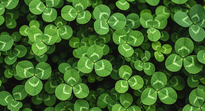 A cluster of shamrocks densely packed in a vibrant green pattern viewed from directly above creating a festive atmosphere