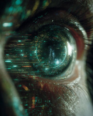 デジタルデータが映り込む未来テクノロジーの目のクローズアップ