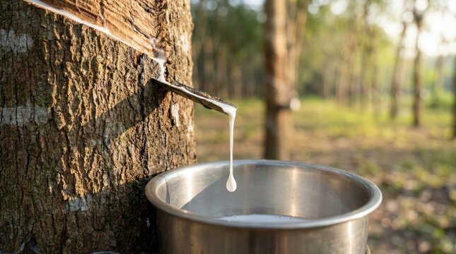 Natural rubber latex dripping from a tapped rubber tree into a collection bowl in a plantation environment.