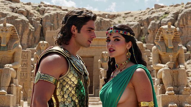 ancient encounter: armored warrior and regal figure in egyptian setting | history, mythology, drama, portrait, royalty theme