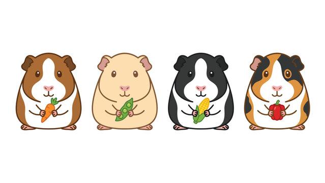 Adorable cartoon guinea pigs with vegetables, pet rodent characters eating healthy food