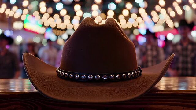 detailed brown cowboy hat with studs on wooden surface, vibrant festival background | western, country, music, festival, celebration theme