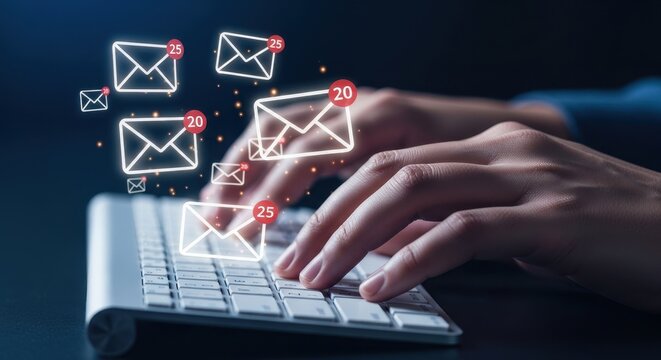 Hands Typing on Keyboard with Email Notifications Populating Screen