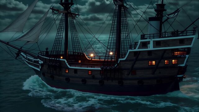 haunting pirate ship sails through dark fog and stormy night sea | adventure, horror, fantasy, nautical, mystery theme