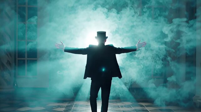 man in top hat silhouette, dramatic blue smoke, mysterious performance art | entertainment, art, performance, visuals, atmosphere theme