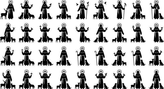 Silhouette Vector, Saint Francis of Assisi with Animals Vector Illustration &ndash; Christian Artwork of Saint in the Woods with Birds and Wildlife
