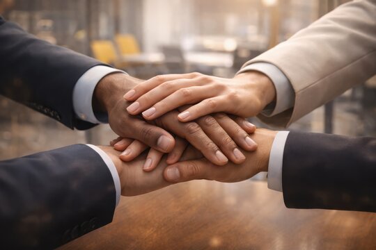 Diverse business team stacking hands in unity and partnership