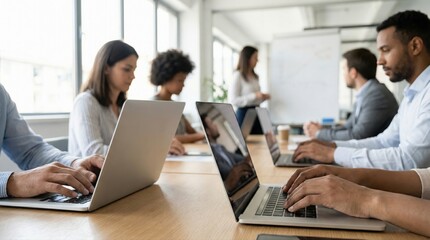 Fototapeta premium Professionals working together on laptops in modern office space