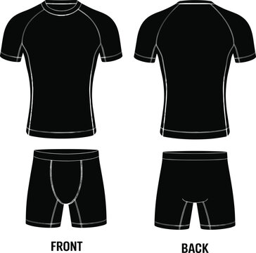 Black compression shirt and shorts mockup set, athletic performance base layer vector template, front and back view of fitness apparel for gym and sports
