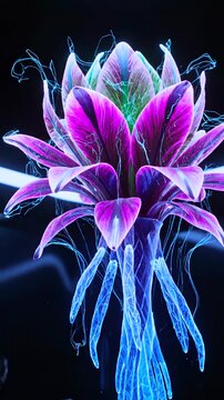female scientist summons holographic bird then bloom in neon lab, blue avian form morphs into radiant flower with pink petals, silver suit interacts with projection, experimental biotech