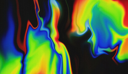 Vibrant abstract grainy liquid background with colorful gradient waves on black. futuristic psychedelic light leak texture.