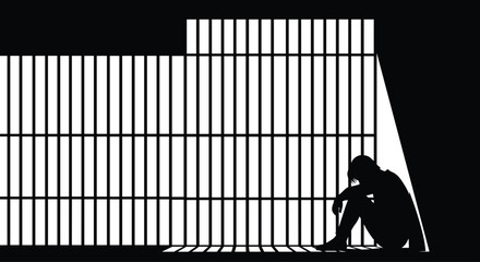 Silhouette of a Lonely Prisoner Sitting in a Dark Jail Cell Behind Iron Bars Representing Incarceration Justice System Punishment Loneliness and Criminal Law Concepts