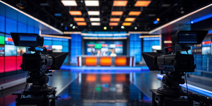 Modern television news studio setup with professional video cameras recording live broadcast program within blurred background lights
