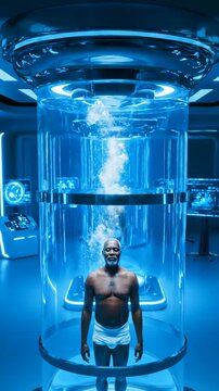 Man in clear rejuvenation capsule. Individual inside seethrough healing device with medical gear. Person standing within glasslike lifesaving pod amidst medical equipment