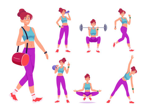 Young woman in sports clothes in different poses, daily fitness routine.