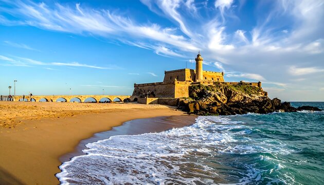 Seaside view of castle on island, connected by bridge to sandy beach under blue sky with whispy white clouds