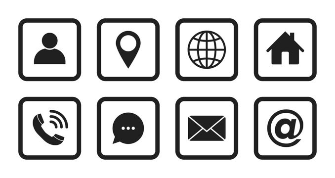 name, address, location, phone number messenger, postal address, email symbols, contact us outline icons set