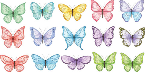 Collection of colorful butterfly illustrations with elegant wing patterns in pastel colors for nature themes decorative design and spring greeting cards © Farzana