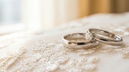 Two precious metal wedding rings, one featuring a brilliant-cut diamond solitaire, placed on elegant ivory lace fabric.