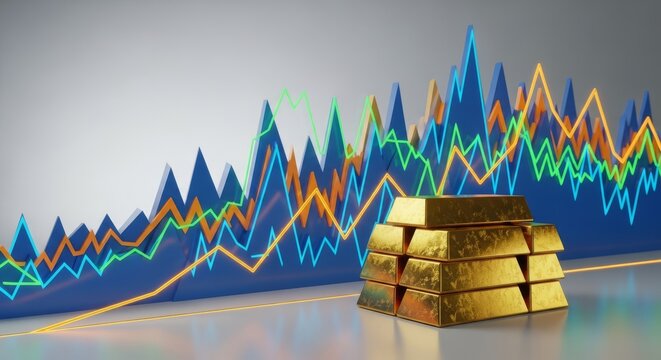 Gleaming gold bars sit amidst an unpredictable financial landscape, depicted by dynamic graph lines, symbolizing market volatility and secure investment, data, ingot, volatile
