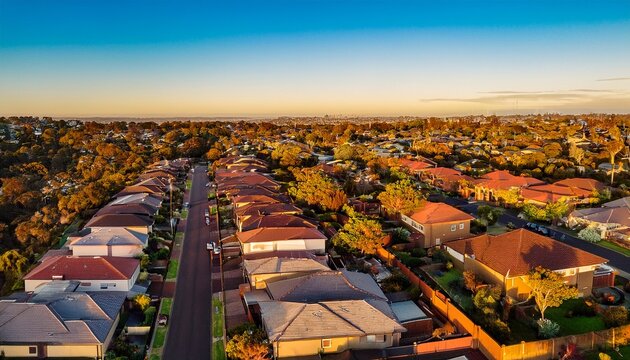 aerial view of suburban terrace houses in golden afternoon light in west melbourne in victoria