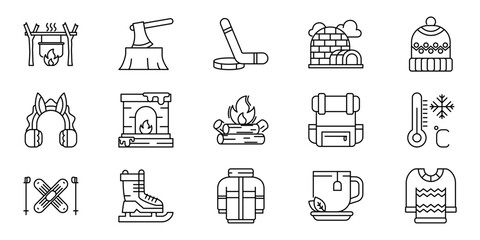 Minimalist Outline Winter Icons Set Featuring Essential Cold Weather Activities, Outdoor Recreation, Sports Gear, and Cozy Seasonal Apparel © Tifany