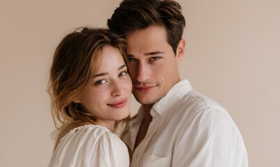 Fototapeta premium A young European couple embracing gently in a close, intimate pose