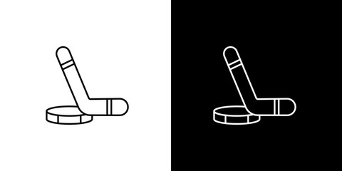 Minimalist vector line art icon depicting an ice hockey stick and puck, symbolizing winter sports, competitive games, and athletic equipment on a versatile background © Tifany