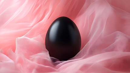 Elegant Black Egg On Soft Pink Fabric Background Creating Minimal Luxury Composition.
