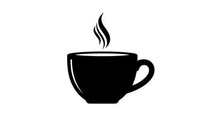 Fototapeta premium Steaming hot coffee cup icon, simple black silhouette on white background, perfect for cafe menus and beverage designs.