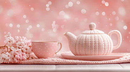 Elegant Pink Teapot and Cup with Delicate Flowers in Vintage Style Setting.