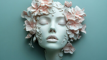 Ethereal Sculpture of a Womans Face Adorned with Delicate Flowers in Soft Lighting.