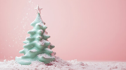 Festive Mint Green Christmas Tree With Snow And Star Creating Minimal Holiday Background.