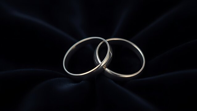 electroluminescence. Two silver wedding bands overlapping on dark velvet fabric. lifestyle magazines, social media lookbooks, designed for lifestyle magazines and social media content.