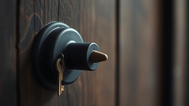 misaligned. A brass key slightly misaligned with a lock on an old wooden door. real-estate listings, architecture portfolios, designed for real-estate listing and luxury residence showcases.