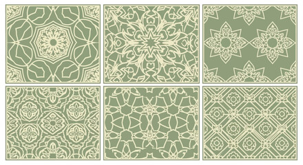 Geometric pattern set repeating floral designs in green and beige