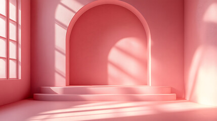 Minimalist Pink Archway with Sunlit Steps and Window in Modern Interior.