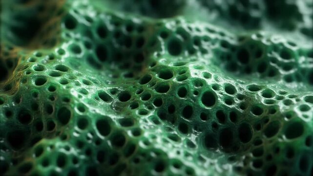 Extreme macro of porous green alien mineral surface forming an organic spore-like grid pattern