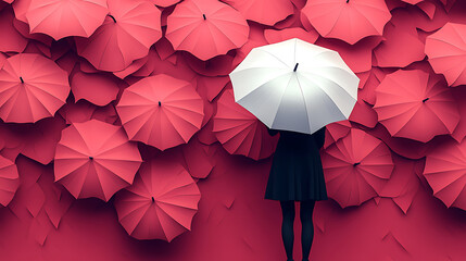 One White Umbrella Standing Out Among Many Red Umbrellas Creating Unique Contrast Concept.