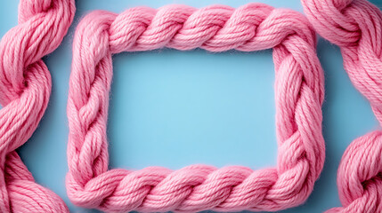 Pink Embroidery Floss Braided Frame on Blue Background with Creative Craft Design.