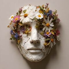 Surreal Sculpture of a Human Face Adorned with Delicate Flowers in Artistic Composition.
