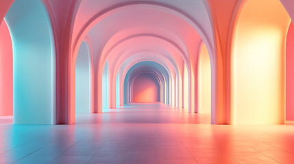 Surreal Architectural Corridor with Neon Lighting and Reflective Surfaces.