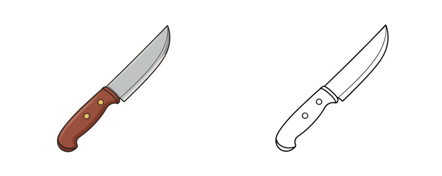 Sharp kitchen knife in colored cartoon style and black line art version representing steel blade with wooden handle for food preparation isolated on white background