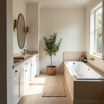 Modern bathroom with a tub, sink, and a plant during daytime
